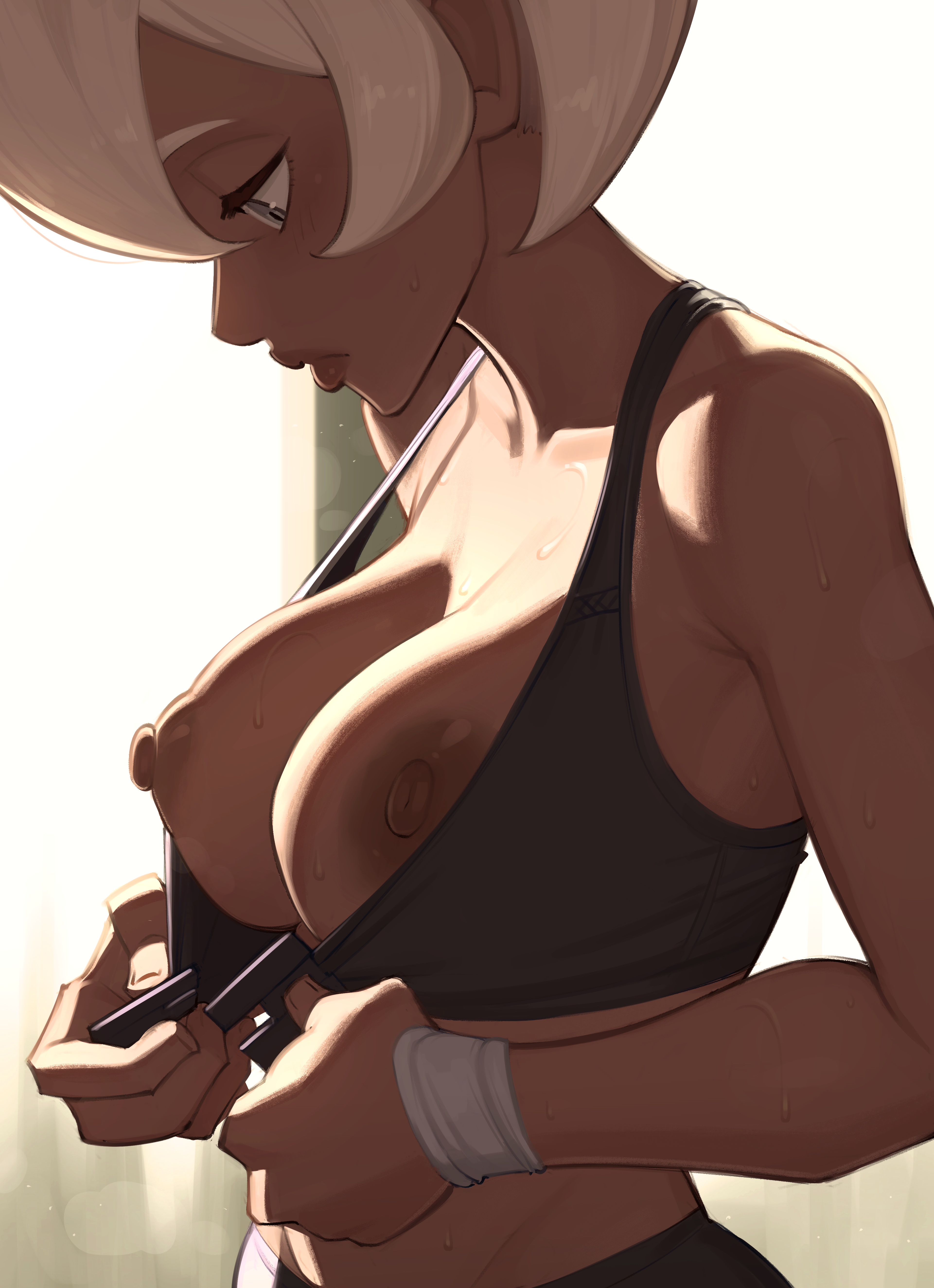 vehn, bea (pokemon), nintendo, pokemon, pokemon swsh, absurdres, highres, 1girl, black bra, bra, breasts, dark-skinned female, dark skin, dressing, large breasts, nipples, solo, underwear, upper body, white hair
