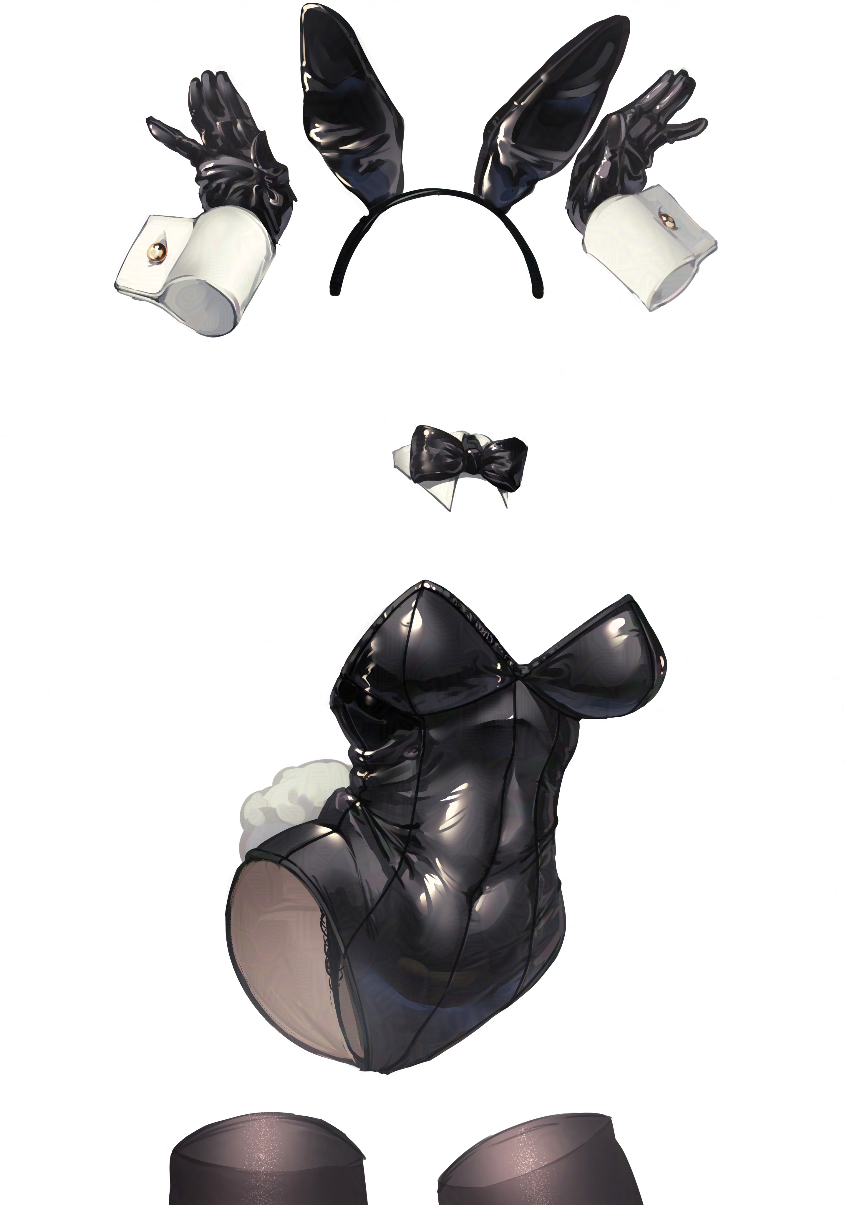 mochiyuki (gigfor1), original, absurdres, commentary request, highres, 1girl, animal ear hairband, animal ears, arms up, black bow, black bowtie, black gloves, black leotard, black panties, black thighhighs, bow, bowtie, breasts, bunny day, covered navel, cowboy shot, detached collar, fake animal ears, fake tail, gloves, hairband, invisible, lace, lace-trimmed panties, lace trim, leotard, panties, playboy bunny, rabbit ear hairband, rabbit ears, rabbit pose, rabbit tail, see-through clothes, see-through panties, shiny clothes, simple background, skin tight, solo, standing, tail, thighhighs, tight clothes, underwear, white background, white wrist cuffs, wrist cuffs
