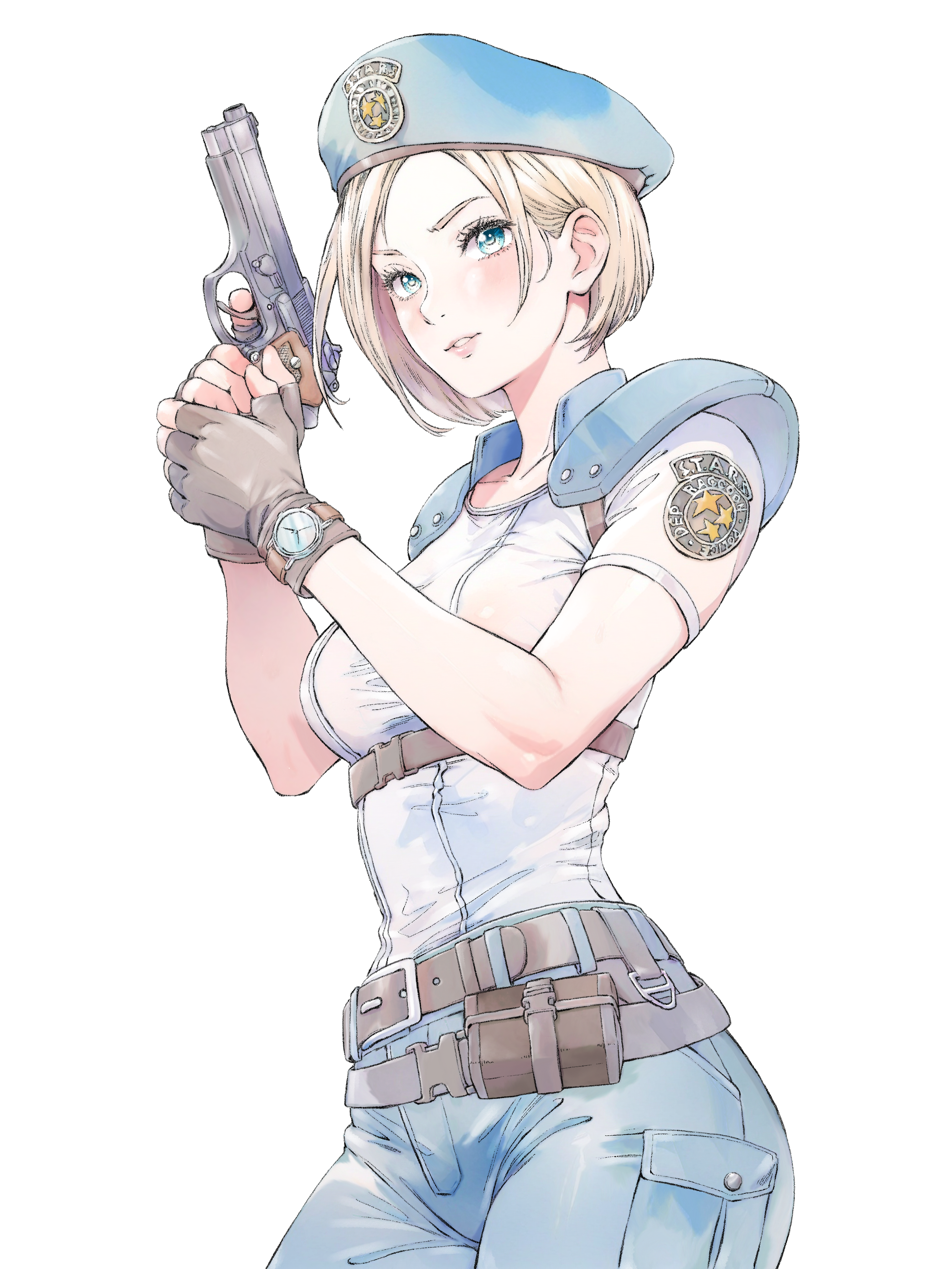 momo oddeye, jill valentine, resident evil, resident evil 1, absurdres, highres, 1girl, belt, beret, black gloves, blue eyes, blue hat, blue pants, blue shirt, brown hair, fingerless gloves, gloves, gun, handgun, hat, holding, holding gun, holding weapon, looking at viewer, pants, parted lips, shirt, short hair, shoulder pads, weapon