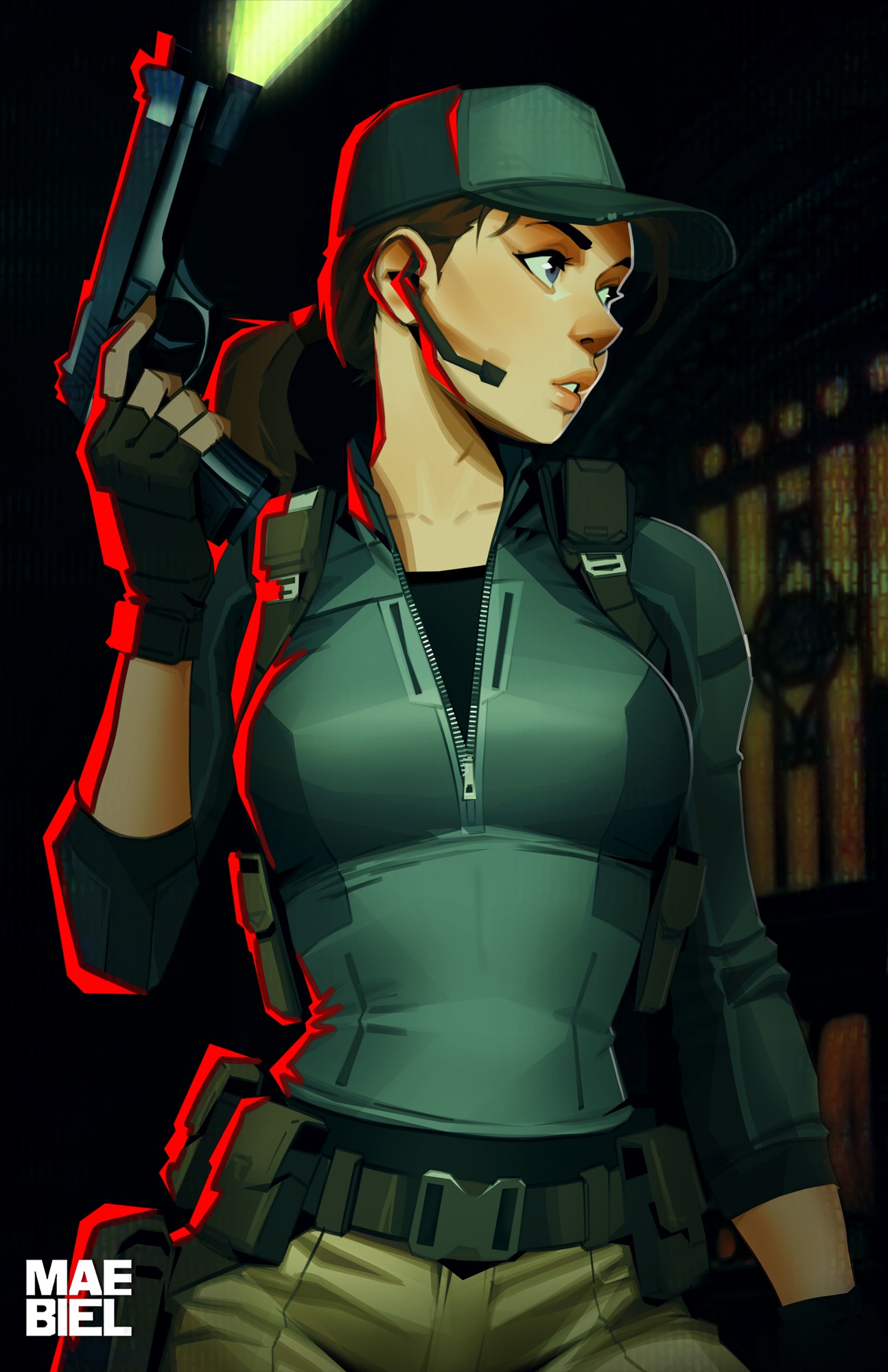 maebiel, jill valentine, resident evil, resident evil 5, highres, 1girl, artist name, black gloves, blue hat, brown hair, fingerless gloves, gloves, gun, handgun, hat, headset, holding, holding gun, holding weapon, long hair, looking to the side, pants, parted lips, ponytail, weapon
