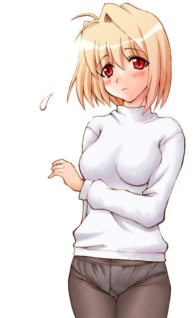 chaccu, arcueid brunestud, tsukihime, 00s, 1girl, arm behind back, blonde hair, blush, bottomless, embarrassed, female focus, gusset, no pants, panties, panties under pantyhose, pantyhose, red eyes, see-through clothes, short hair, solo, standing, sweater, thigh gap, thighs, turtleneck, underwear, white panties