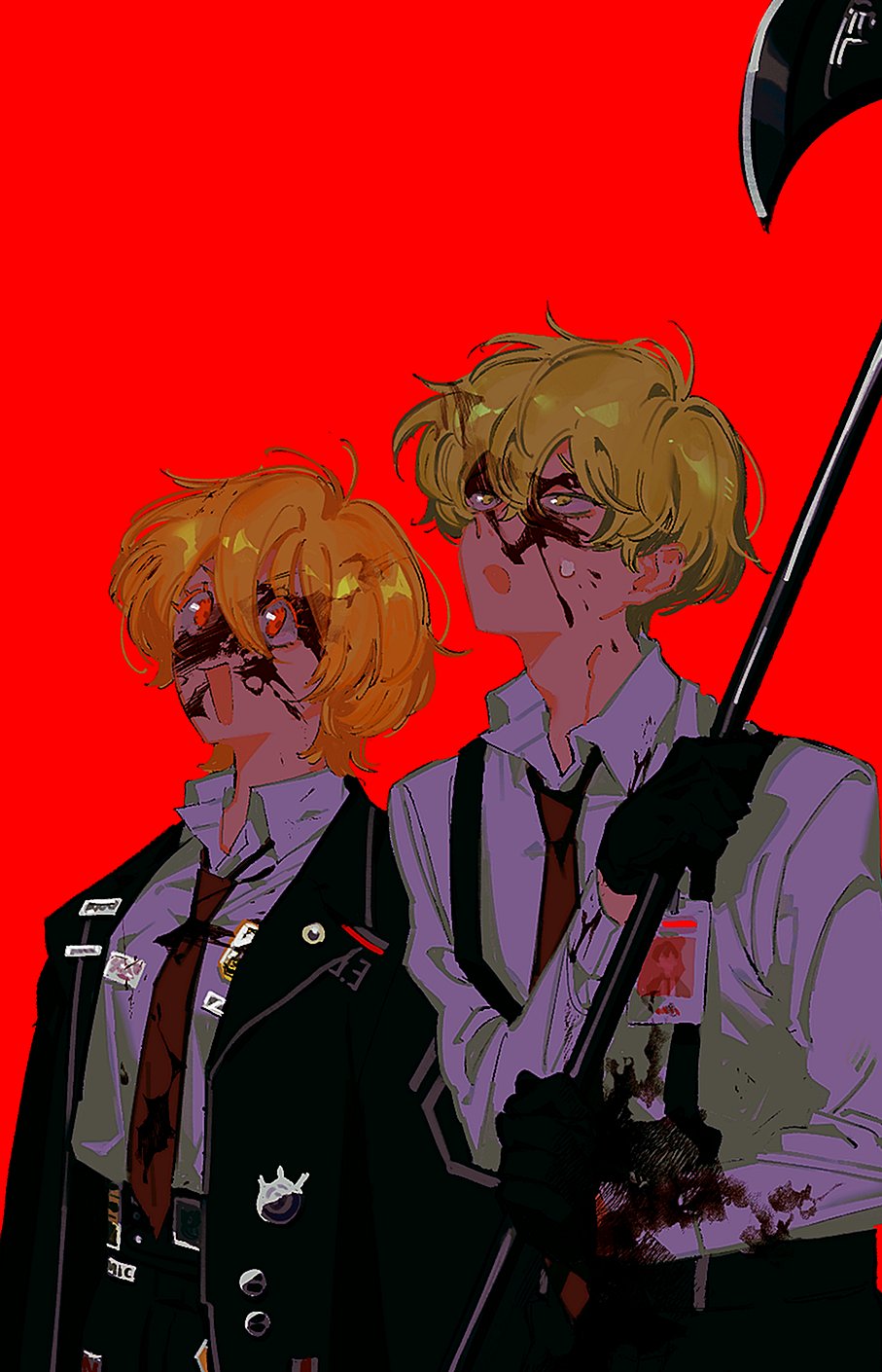 bin aham, don quixote (project moon), sinclair (project moon), limbus company, project moon, bad id, bad twitter id, highres, korean commentary, 1boy, 1girl, :d, black coat, black gloves, blonde hair, blood, blood on clothes, blood on face, coat, collared shirt, gloves, halberd, holding, holding polearm, holding weapon, id card, long sleeves, looking up, necktie, open mouth, polearm, red background, red necktie, shirt, simple background, smile, suspenders, sweatdrop, upper body, weapon, white shirt, yellow eyes