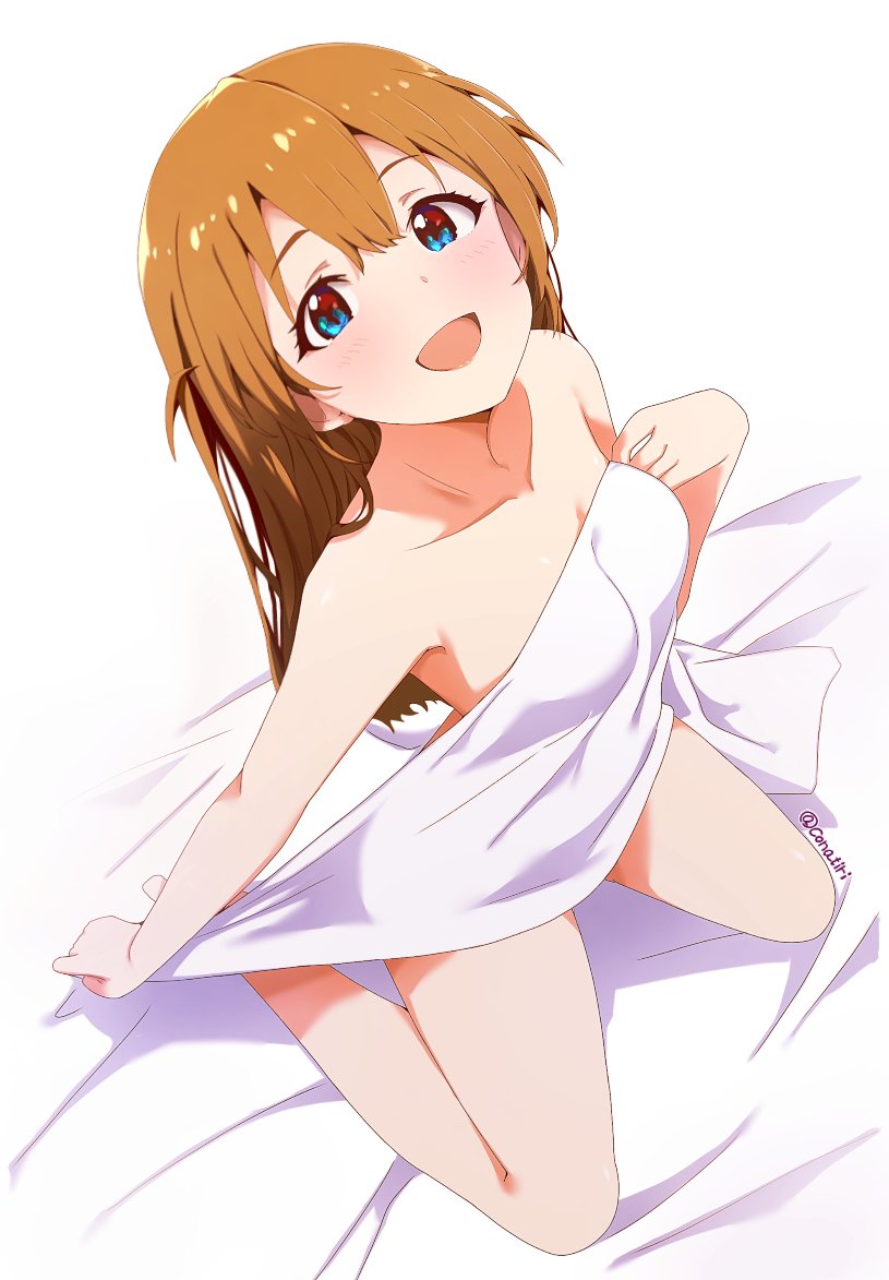 konachiri, baba konomi, idolmaster, idolmaster million live!, 1girl, :d, bed sheet, blue eyes, blush, breasts, brown hair, collarbone, covering privates, from above, kneeling, long hair, nude, nude cover, on bed, open mouth, smile, solo, twitter username