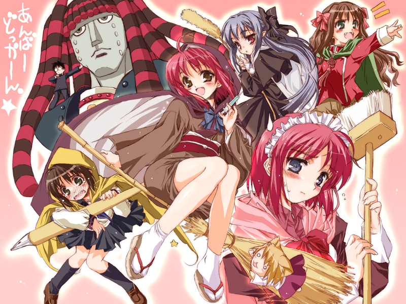 neko basu tei, shaa, arcueid brunestud, arima miyako, hisui (tsukihime), kohaku (tsukihime), len (tsukihime), seo akira, tohno akiha, tohno shiki, melty blood, tsukihime, 1boy, 6+girls, blonde hair, blue hair, blush, bow, broom, brown hair, cat teaser, cosplay, grey eyes, japanese clothes, kneehighs, long hair, maid, maid headdress, multiple girls, pen, red hair, ribbon, sandals, short hair, siblings, sisters, skirt, socks, tabi, twins, witch, zouri