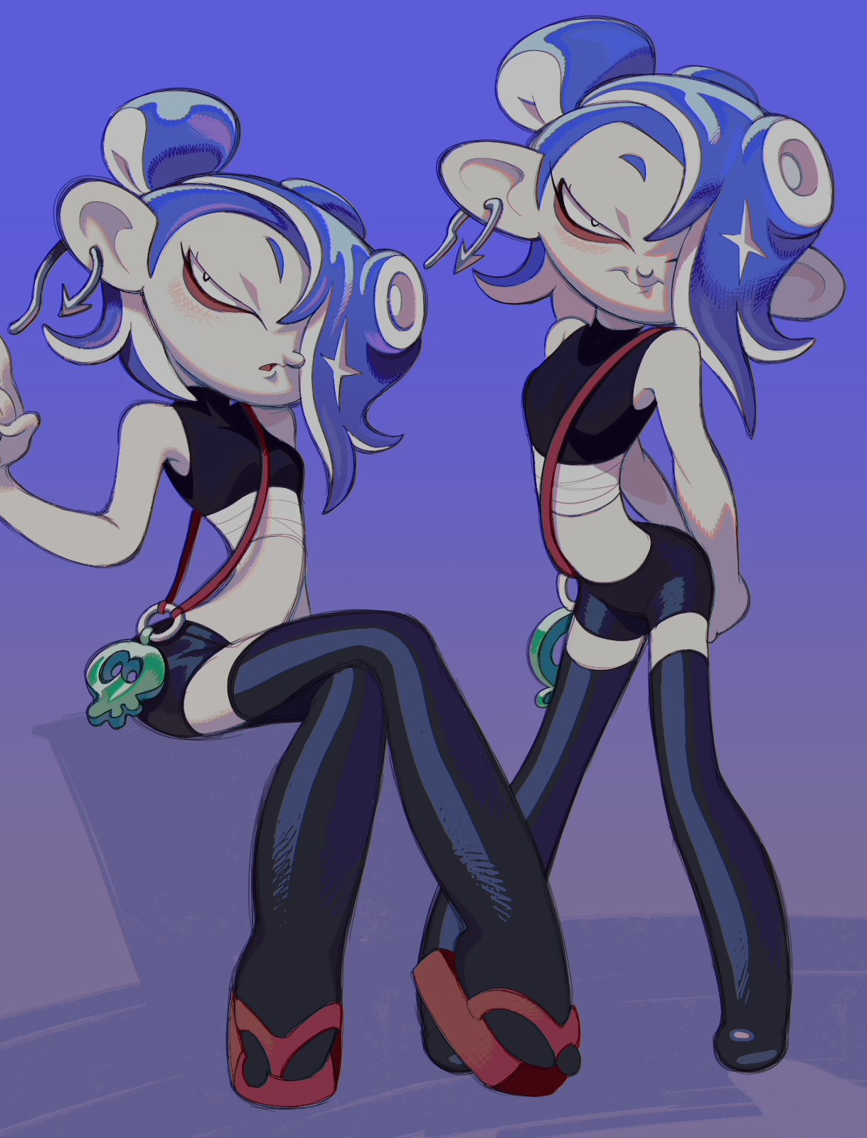 shiver (splatoon), nintendo, splatoon (series), splatoon 3, highres, breasts, deformed, octoling, roachgore, shirt, sitting, smile, standing, suction cups, tentacle hair, thighhighs