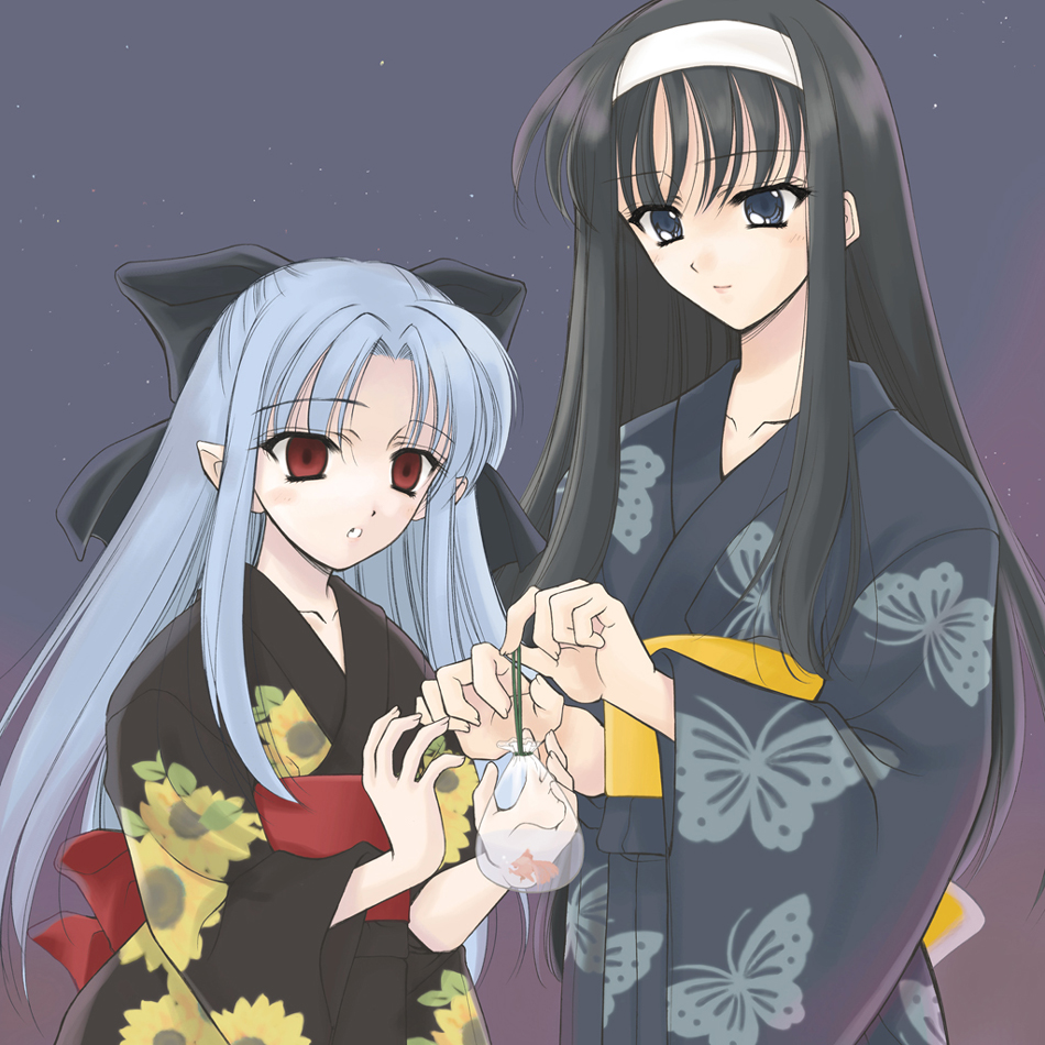 len, tohno akiha, tsukihime, bag, bagged fish, black eyes, black hair, blue hair, bow, fish, goldfish, hairband, japanese clothes, kimono, red eyes, ribbon, yukata