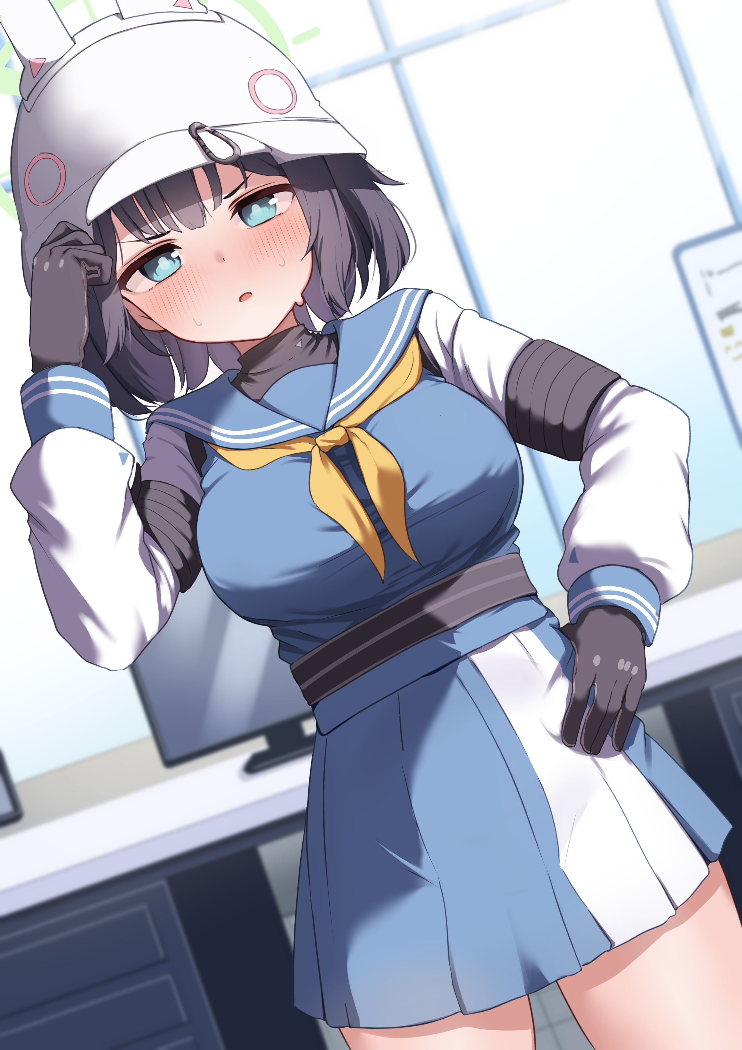 aoto mei, saki (blue archive), blue archive, twitter, absurdres, highres, 1girl, animal ears, bare legs, black gloves, black hair, blue eyes, blush, breasts, cowboy shot, fake animal ears, gloves, halo, helmet, large breasts, looking at viewer, monitor, rabbit ears, sailor collar, school uniform, short hair, skirt, solo, thigh gap