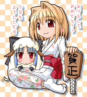 arcueid brunestud, len (tsukihime), tsukihime, lowres, 00s, chibi, new year, paddle, sheep