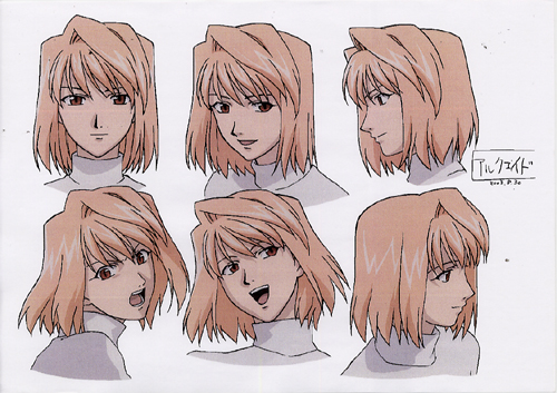 arcueid brunestud, j.c. staff, tsukihime, lowres, 00s, 1girl, blonde hair, production art, reference sheet, sweater, white sweater
