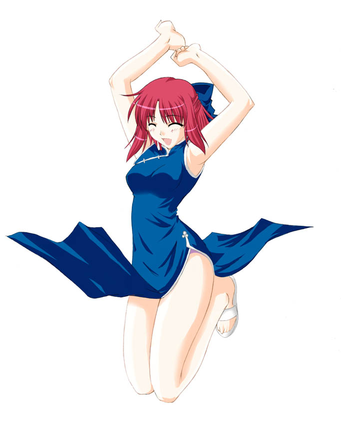 kohaku (tsukihime), mr. chin, tsukihime, 00s, 1girl, bad anatomy, breasts, china dress, chinese clothes, closed eyes, dress, female focus, hair ribbon, jumping, open mouth, poorly drawn, red hair, ribbon, smile, solo