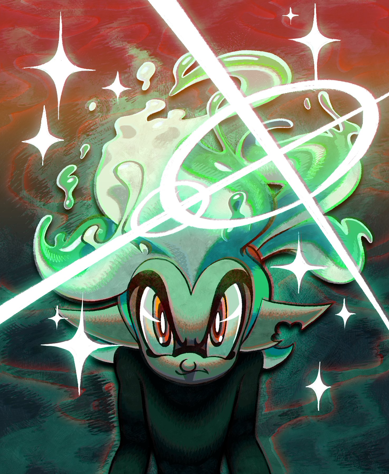 nintendo, original, splatoon (series), commentary, highres, 1950s (style), 1boy, closed mouth, deformed, faux retro artstyle, frown, green hair, inkling, male focus, pointy ears, roachgore, solo, tentacle hair, thick eyebrows, vonnie aurita