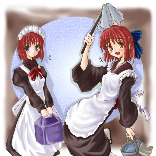 hisui (tsukihime), kohaku (tsukihime), tsukihime, 00s, 2girls, apron, bad anatomy, blue eyes, bow, bucket, carrying, duster, hair bow, half updo, japanese clothes, kimono, looking at viewer, maid, maid apron, maid headdress, multiple girls, neck ribbon, poorly drawn, puffy sleeves, red hair, ribbon, short hair, siblings, sisters, smile, sweatdrop, twins, v arms, yellow eyes