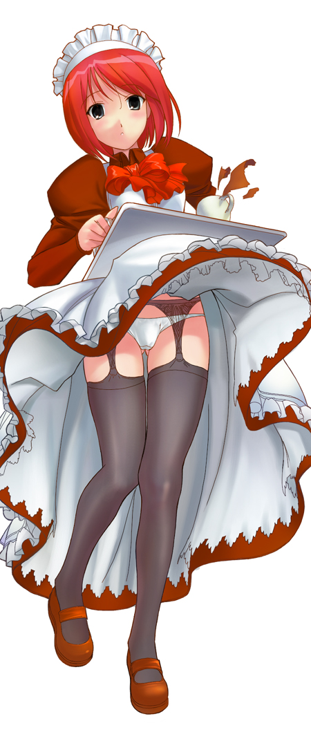 a1 (initial-g), hisui (tsukihime), tsukihime, 00s, 1girl, apron, black eyes, black thighhighs, bow, dress, female focus, garter belt, headdress, lingerie, maid, maid apron, mary janes, panties, pantyshot, petticoat, red dress, red hair, shoes, short hair, socks, solo, standing, tea, thigh gap, thighhighs, thighs, tray, underwear, upskirt, white panties