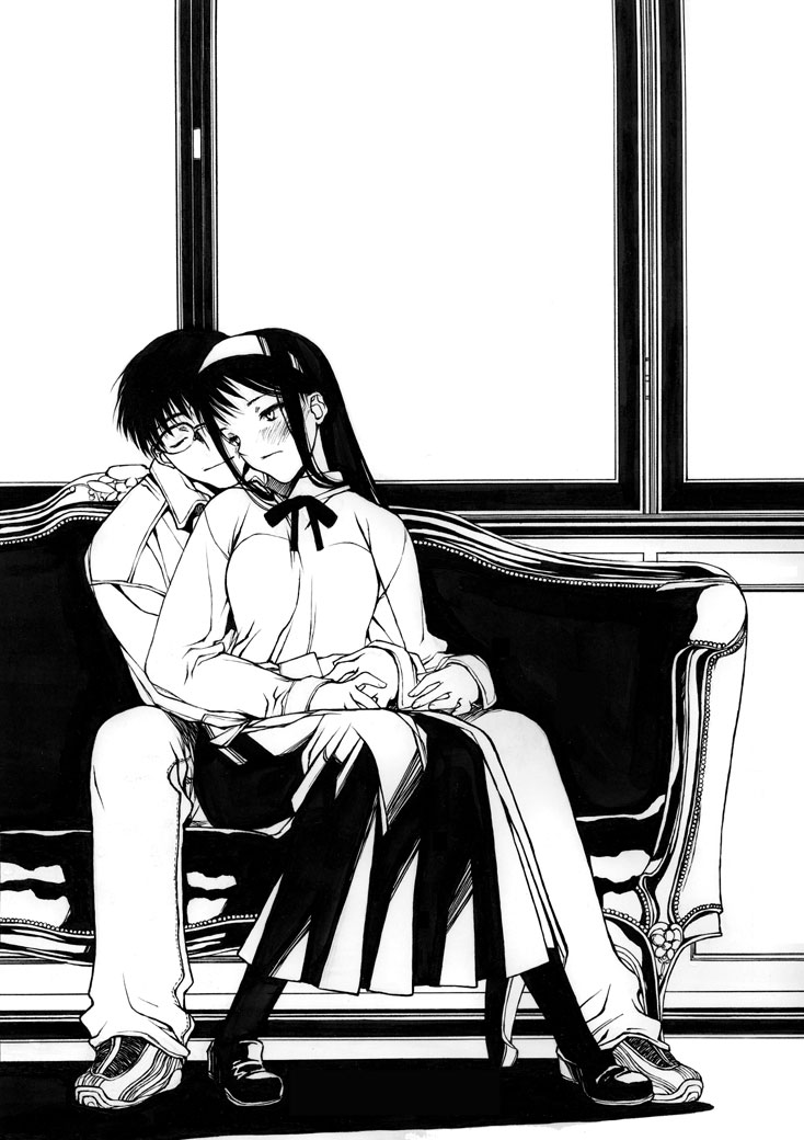 tohno akiha, tohno shiki, tsukihime, step-brother and step-sister, 00s, brother and sister, brother and step-sister, glasses, greyscale, hairband, hug, hug from behind, monochrome, siblings, step-siblings
