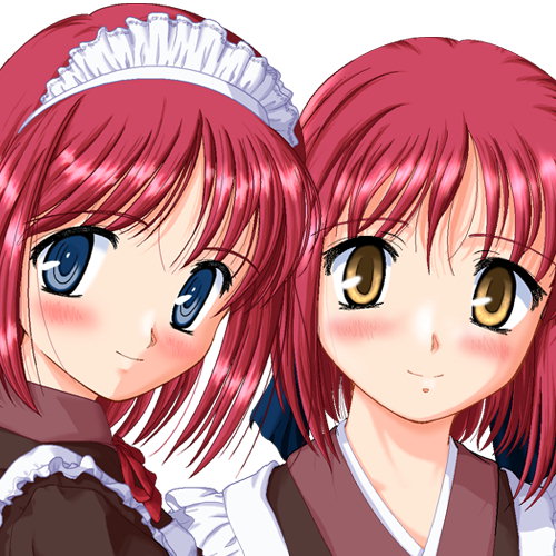 hisui (tsukihime), kohaku (tsukihime), tsukihime, jpeg artifacts, lowres, resized, upscaled, 00s, 2girls, blue eyes, blush, head tilt, looking at viewer, maid, maid headdress, multiple girls, portrait, red hair, short hair, siblings, simple background, sisters, smile, twins, yellow eyes