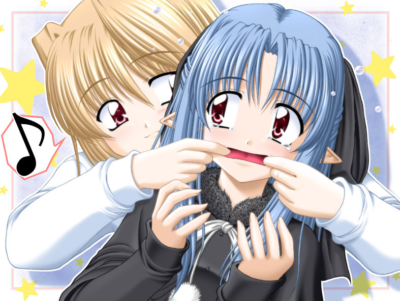 kiryuu makoto, ray, arcueid brunestud, len (tsukihime), tsukihime, 00s, 2girls, blonde hair, blue hair, bow, fingersmile, forced smile, hair bow, hair intakes, long hair, long sleeves, looking at another, multiple girls, musical note, neck ribbon, open mouth, pointy ears, red eyes, ribbon, short hair, sleeves past wrists, smile, spoken musical note, star (symbol), sweater, tears, very long hair