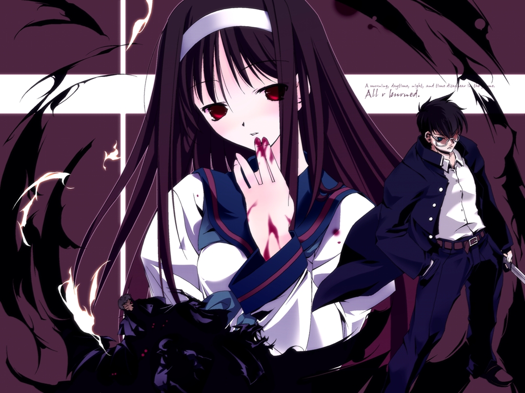 nrvnqsr chaos, tohno akiha, tohno shiki, melty blood, tsukihime, step-brother and step-sister, duplicate, 00s, 1boy, 1girl, bad anatomy, bad proportions, belt, black hair, blood, brother and sister, brother and step-sister, brown hair, coat, darkness, expressionless, floating hair, gakuran, glasses, hairband, hand in pocket, katana, long hair, overcoat, poorly drawn, red eyes, school uniform, serafuku, shirt, short hair, siblings, step-siblings, sword, very long hair, weapon