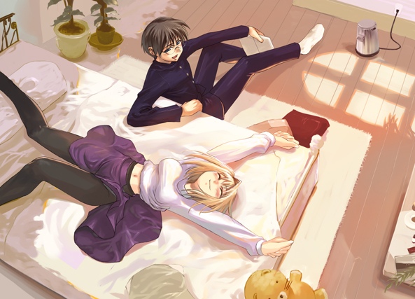 morii shizuki, arcueid brunestud, tohno shiki, tsukihime, 00s, 1boy, 1girl, bed, blonde hair, breasts, closed eyes, long skirt, lying, midriff, panties, panties under pantyhose, pantyhose, purple skirt, short hair, skirt, sleeping, smile, stretching, stuffed animal, stuffed toy, sweater, unconscious, underwear