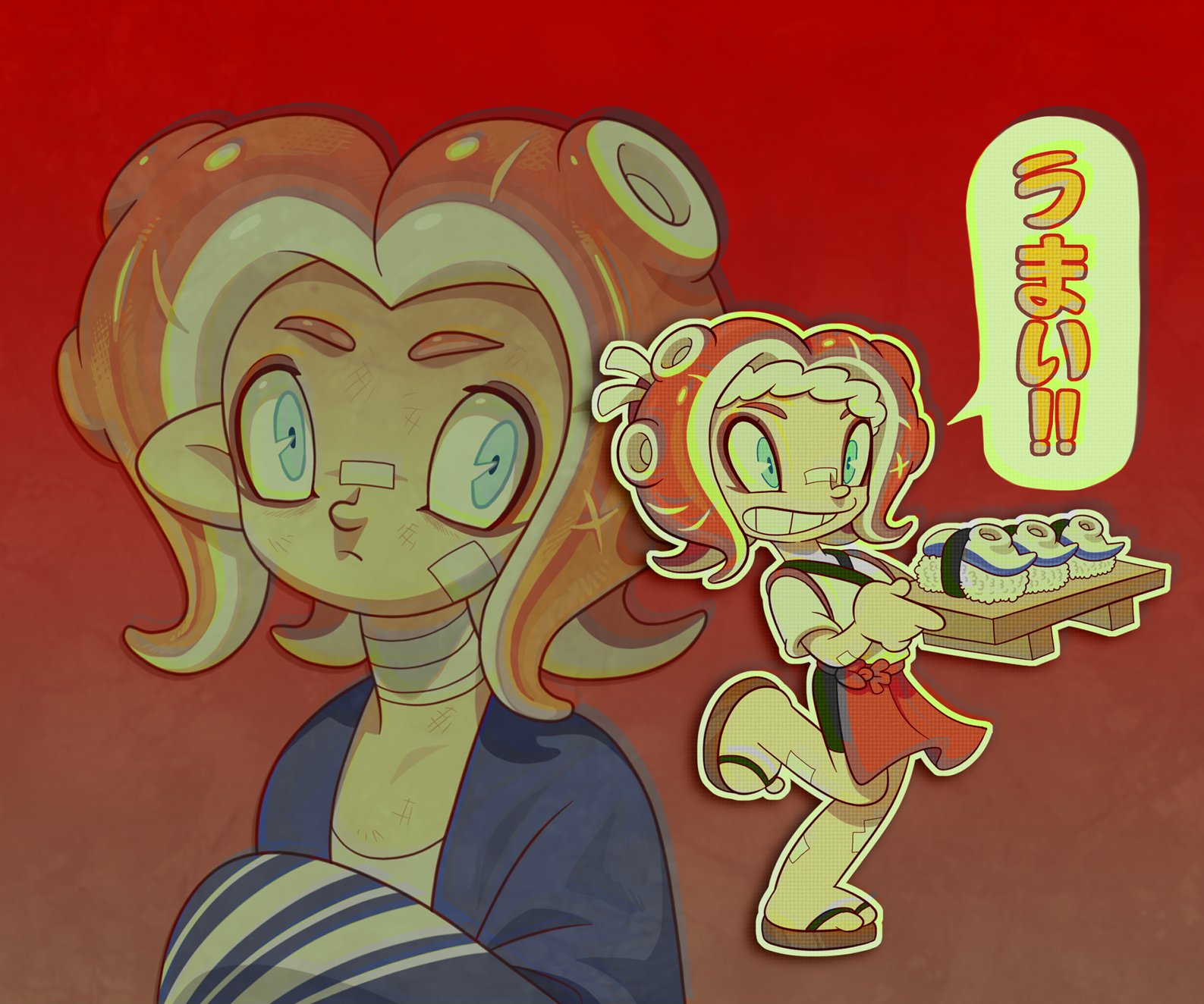 nintendo, splatoon (series), highres, 1950s (style), closed mouth, deformed, faux retro artstyle, octoling, pointy ears, pointy nose, roachgore, suction cups, teeth, tentacle hair
