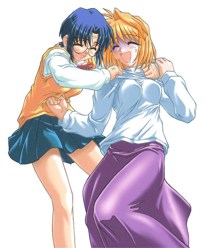 arcueid brunestud, ciel (tsukihime), tsukihime, type-moon, 00s, 2girls, anger vein, battle, blonde hair, blood, blue hair, catfight, closed eyes, coughing, coughing blood, false smile, glasses, happy, long skirt, multiple girls, punching, purple skirt, school uniform, short hair, simple background, skirt, smile, stomach punch, strangling, sweater