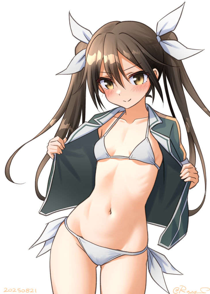 ray.s, tone (kancolle), kantai collection, 1girl, bikini, blush, breasts, brown eyes, brown hair, hair between eyes, hair ribbon, jacket, long hair, looking at viewer, navel, open clothes, open jacket, ribbon, side-tie bikini bottom, small breasts, smile, solo, swimsuit, swimsuit under clothes, twintails, white bikini, white ribbon