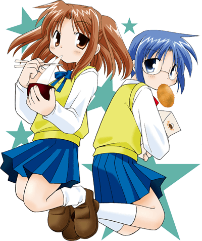 ciel (tsukihime), yumizuka satsuki, tsukihime, lowres, 00s, 2girls, blue eyes, blue skirt, brown eyes, chopsticks, eating, glasses, hair bun, holding, jumping, long hair, mouth hold, multiple girls, neck ribbon, pleated skirt, ribbon, school uniform, short hair, single hair bun, skirt, socks, star (symbol), twintails, two side up, vest