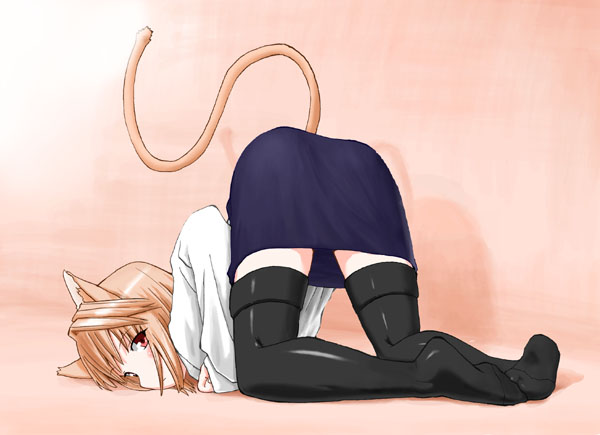 arcueid brunestud, tsukihime, 00s, 1girl, all fours, alternate legwear, animal ears, black thighhighs, blonde hair, cat ears, cat tail, female focus, looking back, miniskirt, pencil skirt, red eyes, short hair, skirt, solo, tail, thighhighs, top-down bottom-up, zettai ryouiki