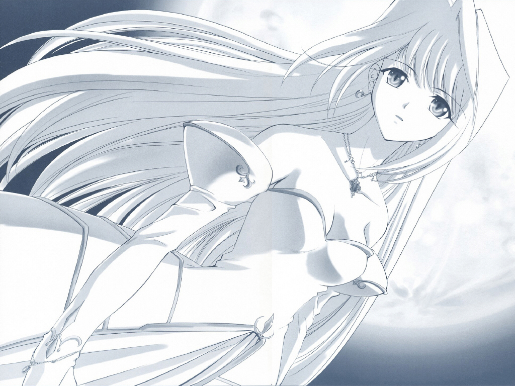 shirotsumekusa, archetype earth, arcueid brunestud, tsukihime, 00s, 1girl, bare shoulders, blue theme, dress, dutch angle, earrings, female focus, full moon, jewelry, long hair, monochrome, moon, necklace, outdoors, sky, solo
