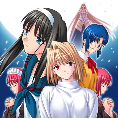 takeuchi takashi, archetype earth, arcueid brunestud, ciel (tsukihime), hisui (tsukihime), kohaku (tsukihime), tohno akiha, tsukihime, looking away, lowres, 00s, 6+girls, aqua eyes, blonde hair, blue hair, brown hair, dual persona, floating hair, full moon, glasses, hairband, japanese clothes, kimono, long hair, looking at viewer, maid headdress, moon, multiple girls, neck ribbon, outdoors, own hands clasped, own hands together, petals, profile, red eyes, red hair, ribbon, school uniform, serafuku, short hair, siblings, sisters, sky, smile, turtleneck, twins, very long hair, vest