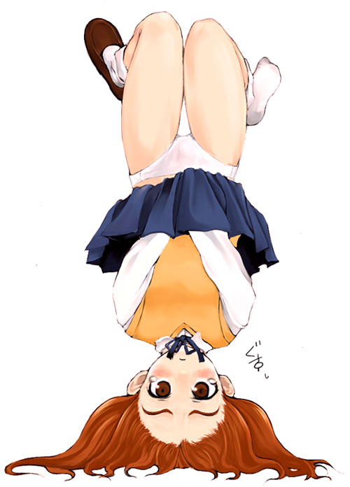 yumizuka satsuki, tsukihime, duplicate, 00s, 1girl, blue skirt, blush, bow, brown eyes, brown hair, dress shirt, female focus, miniskirt, panties, pantyshot, ribbon, shirt, shoes, skirt, skirt flip, skirt tug, socks, solo, sweater vest, tears, thigh gap, thighs, underwear, upside-down, vest, white panties