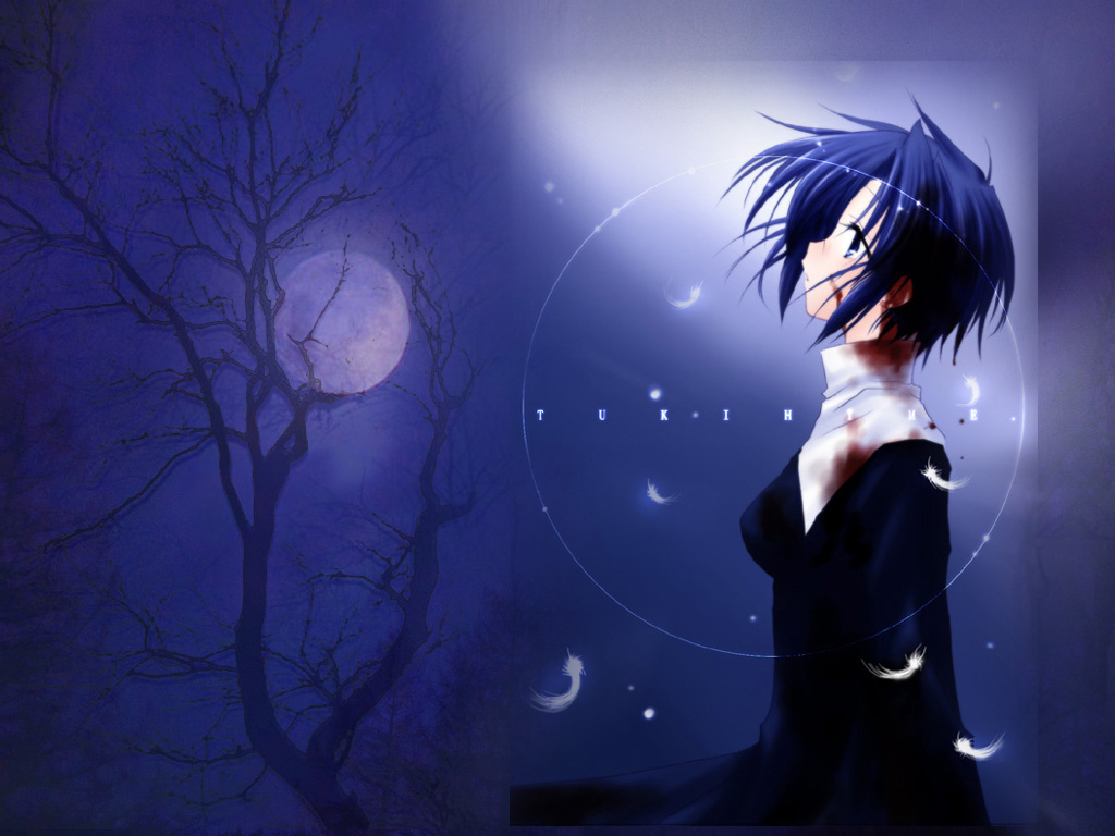 ciel (tsukihime), tsukihime, habit, 00s, 1girl, bare tree, blood, blood on clothes, blood on face, blue eyes, blue hair, copyright name, feathers, female focus, from side, full moon, looking up, matching hair/eyes, moon, night, night sky, short hair, sky, solo, tree