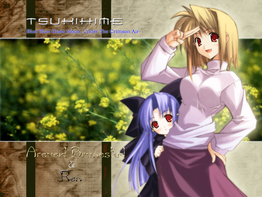 shingo (missing link), arcueid brunestud, len (tsukihime), tsukihime, 00s, 2girls, blonde hair, blue hair, blush, bow, character name, clothes grab, fang, field, flower, flower field, hair bow, hand on own hip, height difference, hiding, long hair, long skirt, looking at viewer, multiple girls, peeking out, photo background, pointy ears, purple skirt, red eyes, salute, short hair, skirt, skirt grab, sweater, turtleneck, v, very long hair