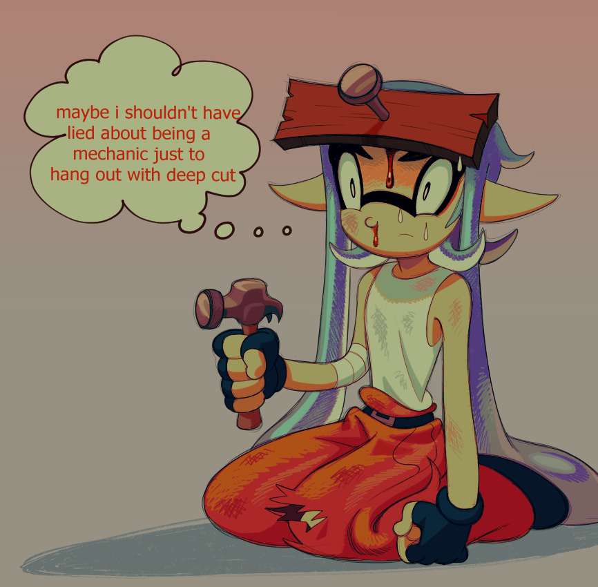 nintendo, splatoon (series), 1950s (style), 1boy, blood, closed mouth, faux retro artstyle, fingerless gloves, gloves, hammer, holding, holding hammer, injury, inkling, male focus, nail (hardware), nosebleed, pointy ears, roachgore, solo, sweat, tentacle hair, thick eyebrows