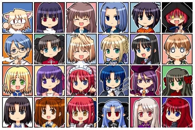 chaccu, aozaki aoko, aozaki touko, aozaki touko (original design), arcueid brunestud, arima miyako, artoria pendragon (fate), asagami fujino, ciel (tsukihime), fujimura taiga, hisui (tsukihime), illyasviel von einzbern, kohaku (tsukihime), len (tsukihime), matou sakura, misawa hanei, nanako, nanako (tsukihime), neco-arc, ryougi shiki, saber (fate), seo akira, sion eltnam (type-moon), sion eltnam atlasia, tohno akiha, tohsaka rin, tsukihime souka, yumizuka satsuki, fate/stay night, fate (series), kara no kyoukai, mahou tsukai no yoru, melty blood, tsukihime, type-moon, silver hair, 00s, 6+girls, :3, ahoge, animal ears, annoyed, apron, aqua eyes, ascot, beret, between fingers, black keys (type-moon), blonde hair, blue hair, blunt bangs, blush, blush stickers, bow, bracelet, brown eyes, brown hair, cape, cat ears, chibi, chibi only, cigarette, closed eyes, company connection, cross, crossover, earrings, everyone, expressionless, facial mark, forehead mark, glasses, green eyes, grey eyes, hair bow, hair ribbon, hairband, hat, head tilt, holding, hood, icon (computing), jewelry, long hair, looking at viewer, maid headdress, multiple girls, neck ribbon, one side up, open mouth, pointing, pointy ears, purple eyes, purple hair, red eyes, red hair, reien girl's academy school uniform, ribbon, school uniform, serafuku, short hair, siblings, sisters, smile, smoke, smoking, solid circle eyes, sweatdrop, sword, twins, twintails, two side up, upper body, very long hair, vest, weapon, yellow eyes