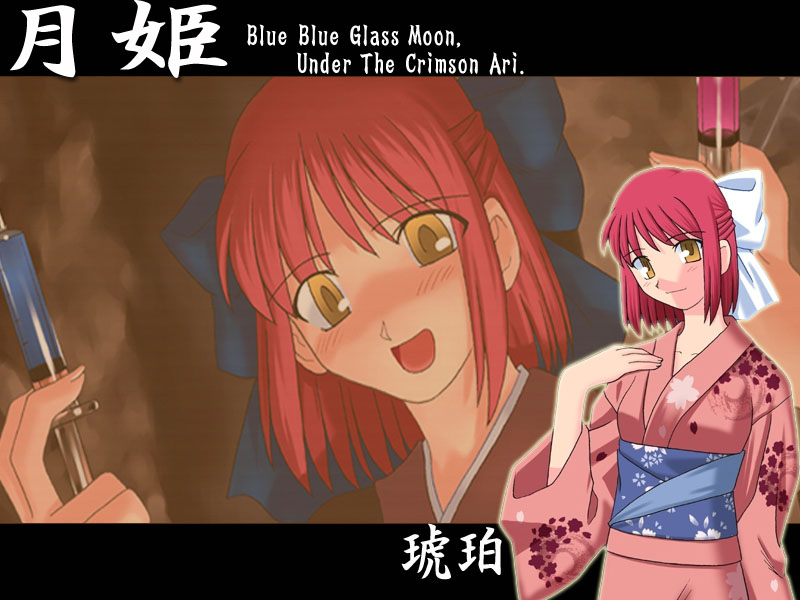 kohaku (tsukihime), tsukihime, 00s, 1girl, :d, blue bow, blush, bow, brown hair, collarbone, floral print, hair bow, japanese clothes, kimono, light smile, looking at viewer, multiple views, nose blush, open mouth, red hair, sash, short hair, smile, syringe, upper body, white bow