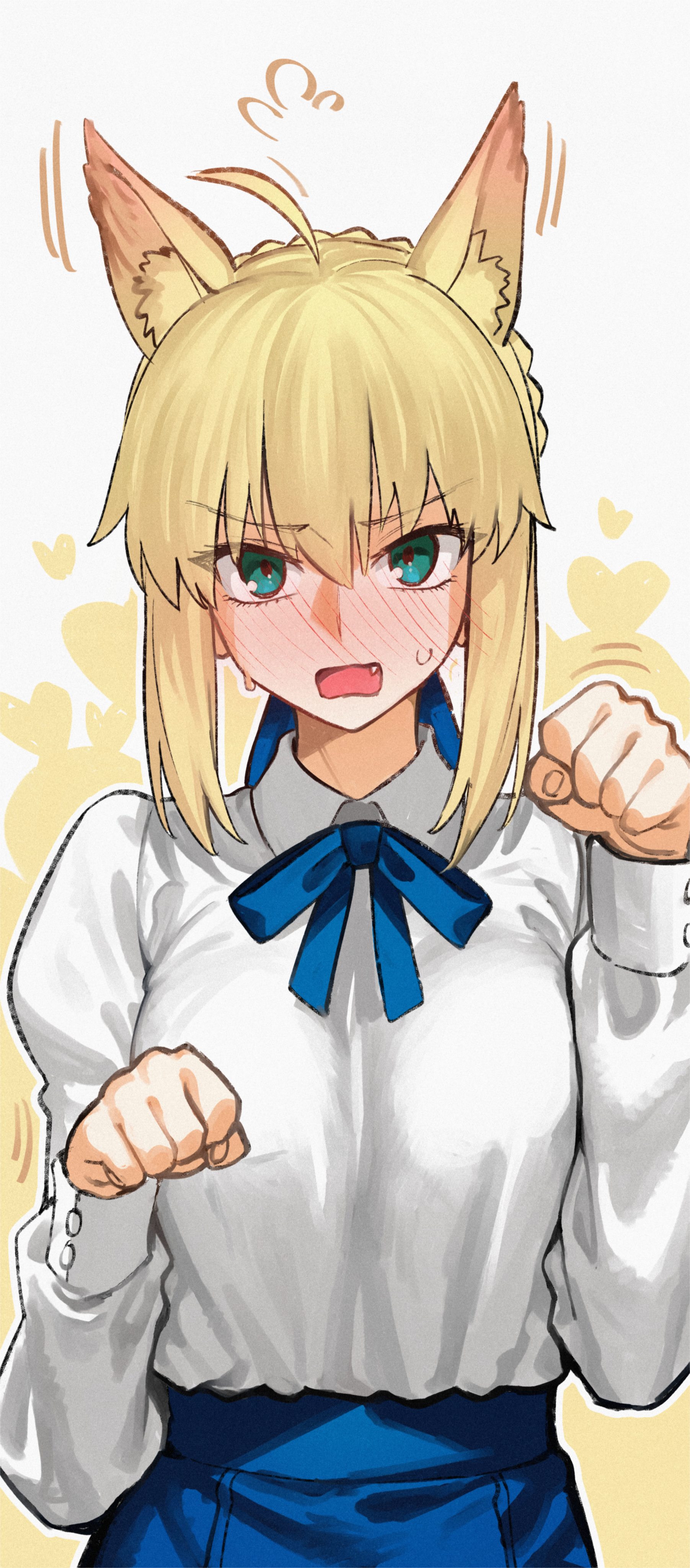 kamisato sora, artoria pendragon (fate), saber (fate), fate/stay night, fate (series), absurdres, highres, 1girl, ahoge, animal ear fluff, animal ears, black skirt, blonde hair, blue bow, blue bowtie, blue eyes, blush, bow, bowtie, breasts, bun with braided base, cat ears, cat girl, collared shirt, extra ears, fang, hair bun, hands up, kemonomimi mode, long sleeves, medium breasts, medium hair, nervous sweating, paw pose, shirt, shirt tucked in, sidelocks, single hair bun, skirt, solo, sweat, sweatdrop, white shirt