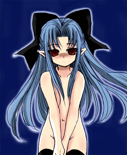 len (tsukihime), tsukihime, 00s, 1girl, black thighhighs, blue background, covering crotch, covering privates, female focus, frown, hair ribbon, half updo, long hair, nude, parted bangs, pointy ears, ribbon, simple background, solo, thighhighs, v arms, very long hair