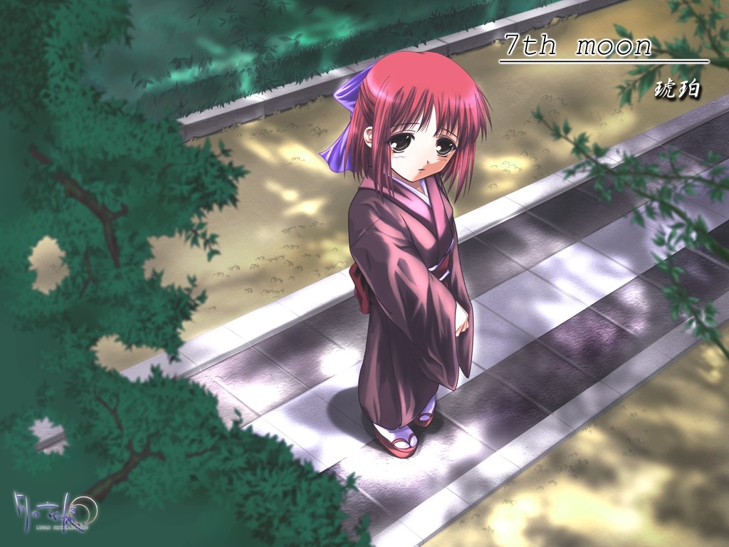 kohaku (tsukihime), tsukihime, 00s, 1girl, bow, branch, brown eyes, dappled sunlight, female focus, from above, full body, hair bow, half updo, japanese clothes, kimono, long sleeves, pink hair, purple bow, red hair, road, sandals, sash, shade, socks, solo, standing, sunlight, tree shade, white socks, wide sleeves, zouri