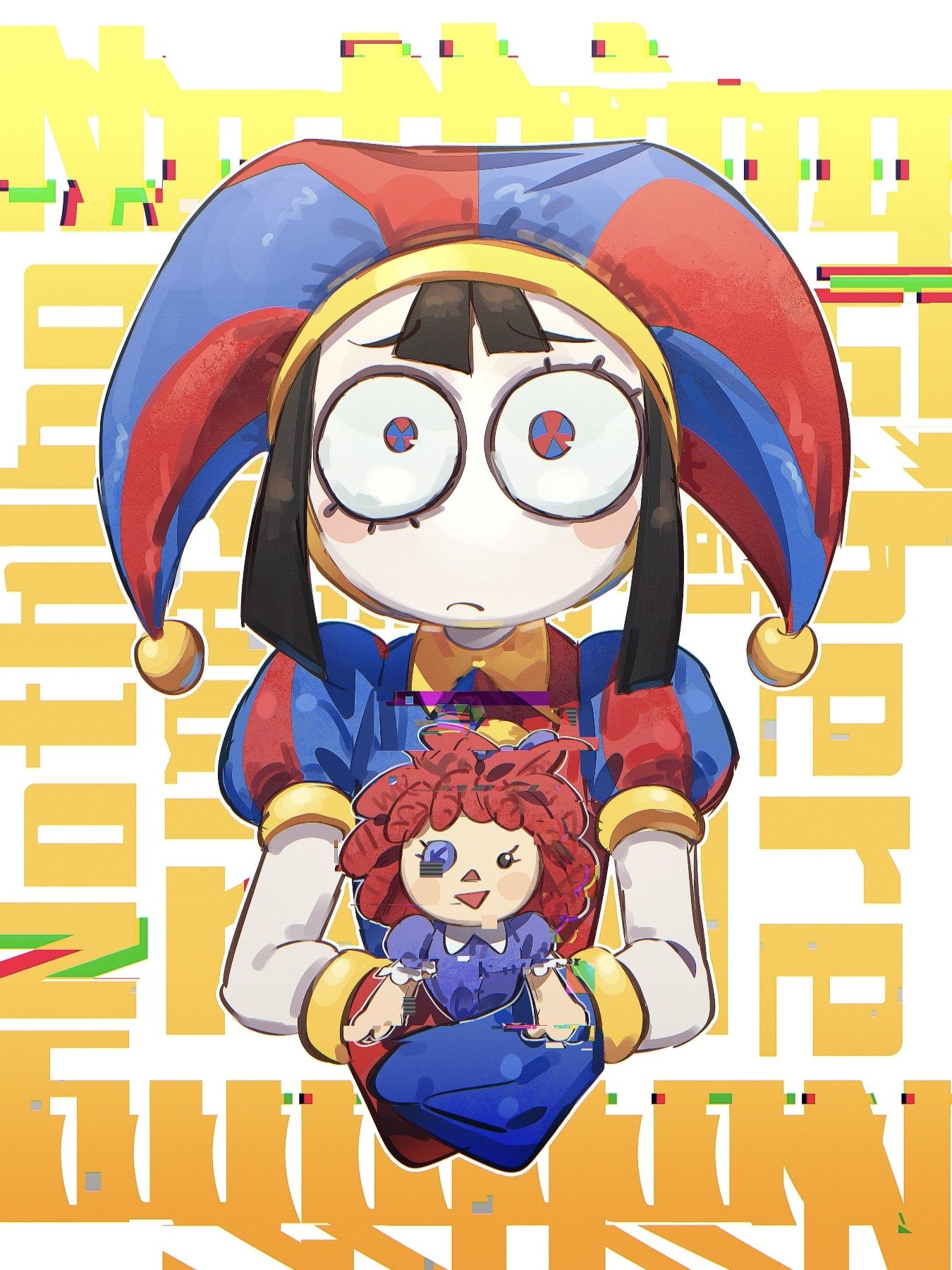 yumi xsh, pomni (the amazing digital circus), ragatha (the amazing digital circus), the amazing digital circus, commentary, english commentary, highres, 1girl, asymmetrical gloves, black hair, blue eyes, blue gloves, blue hat, character doll, doll, gloves, hat, holding, holding doll, jester cap, mismatched gloves, multicolored eyes, puffy short sleeves, puffy sleeves, red eyes, red gloves, red hat, short hair, short sleeves, two-tone eyes, two-tone hat