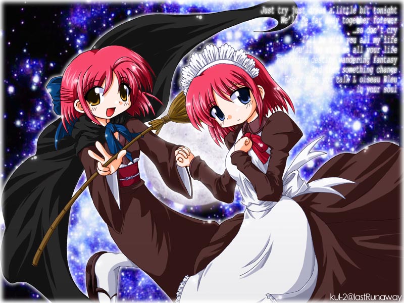 soutou, hisui (tsukihime), kohaku (tsukihime), tsukihime, 00s, 2girls, ahoge, apron, broom, cape, english text, engrish text, geta, hair ribbon, half updo, hand on own chest, holding hands, interlocked fingers, japanese clothes, looking at viewer, maid, maid apron, maid headdress, multiple girls, neck ribbon, ranguage, red hair, ribbon, short hair, siblings, sisters, smile, twins, v