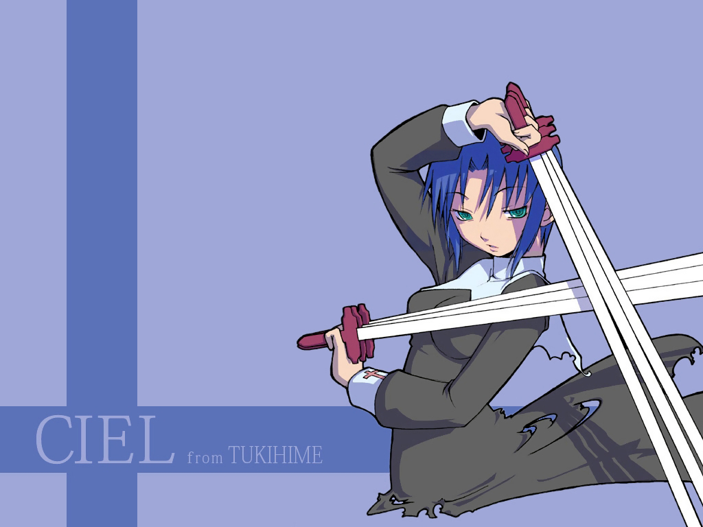 haganemaru kennosuke, ciel (tsukihime), tsukihime, habit, 00s, 1girl, arm over head, between fingers, black keys (type-moon), blue hair, character name, copyright name, female focus, green eyes, holding, multiple swords, no eyewear, short hair, solo, sword, weapon