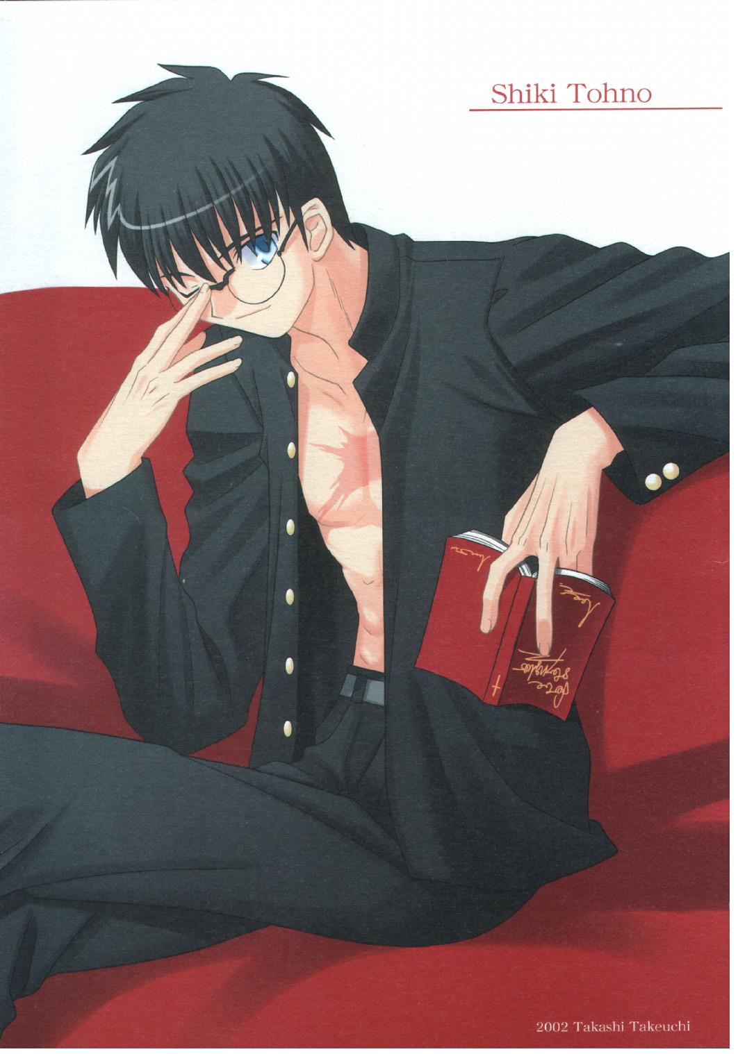 takeuchi takashi, tohno shiki, tsukihime, type-moon, highres, scan, 00s, 1boy, 2002, adjusting eyewear, black hair, blue eyes, book, couch, gakuran, glasses, male focus, one eye closed, open clothes, open shirt, school uniform, serafuku, shirt, sitting, solo, wink