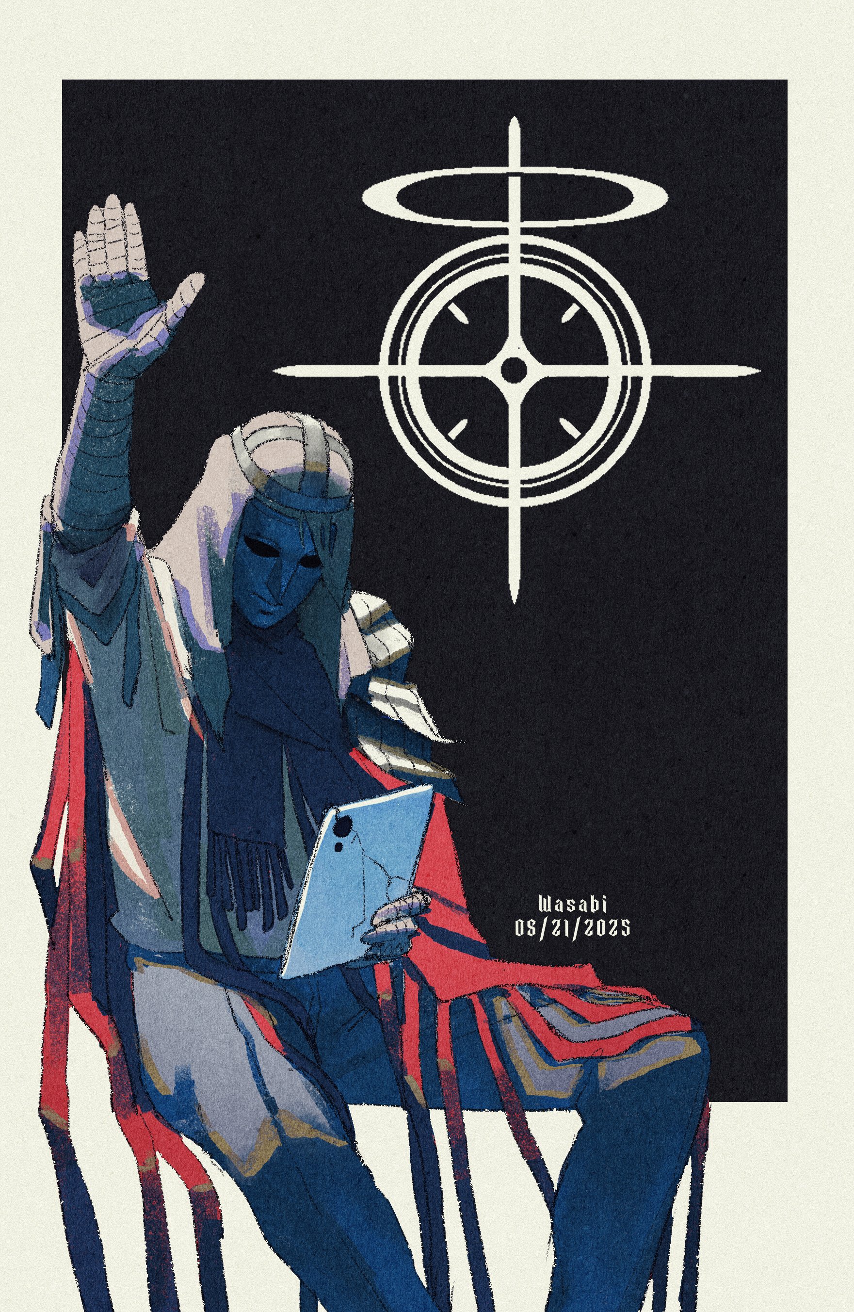 phrenapates (blue archive), blue archive, kingdom of heaven, absurdres, highres, 1boy, arm up, artist name, bandaged arm, bandages, black background, black scarf, dated, feet out of frame, grey pants, holding, holding tablet pc, male focus, mask, pants, parody, scarf, scene reference, schale logo, sitting, solo, tablet pc, wasabee777