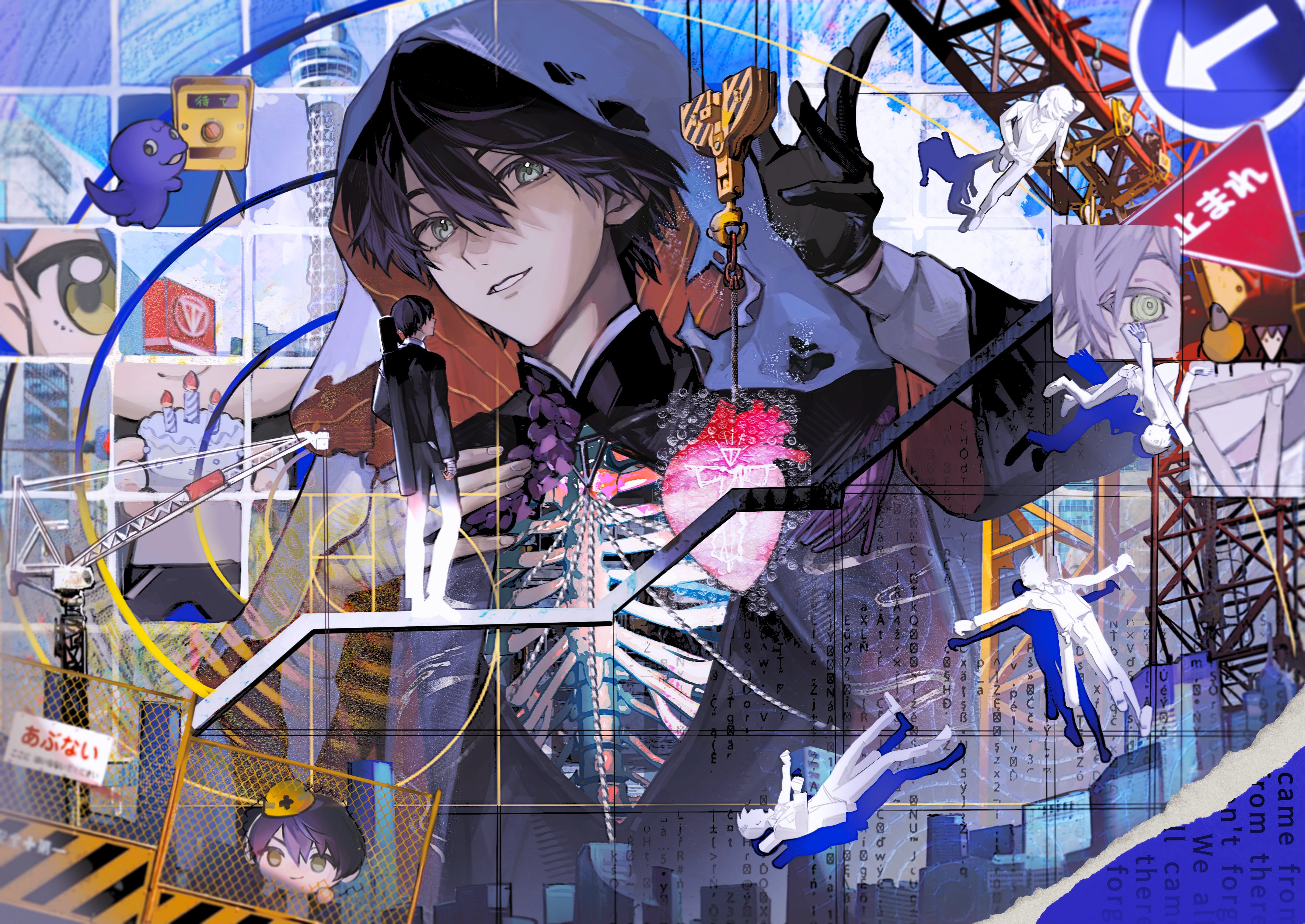 tsuta1218, kenmochi touya, nijisanji, absurdres, highres, 1boy, animalization, bandaged hand, bandages, black gloves, black hair, building, chain-link fence, chibi, chibi inset, crane (machine), fence, gloves, golden spiral, grey eyes, grin, hair between eyes, hard hat, heart (organ), helmet, looking at viewer, male focus, multiple views, parted lips, person and animalization, ribs, road sign, short hair, sign, single glove, smile, weapon bag