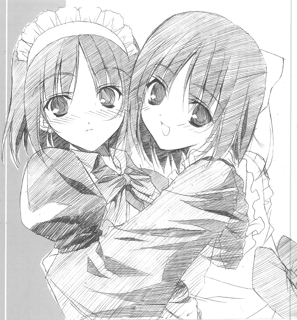 hisui (tsukihime), kohaku (tsukihime), tsukihime, 00s, 2girls, blush, female focus, greyscale, maid, monochrome, multiple girls, ribbon, short hair, siblings, sisters, twins