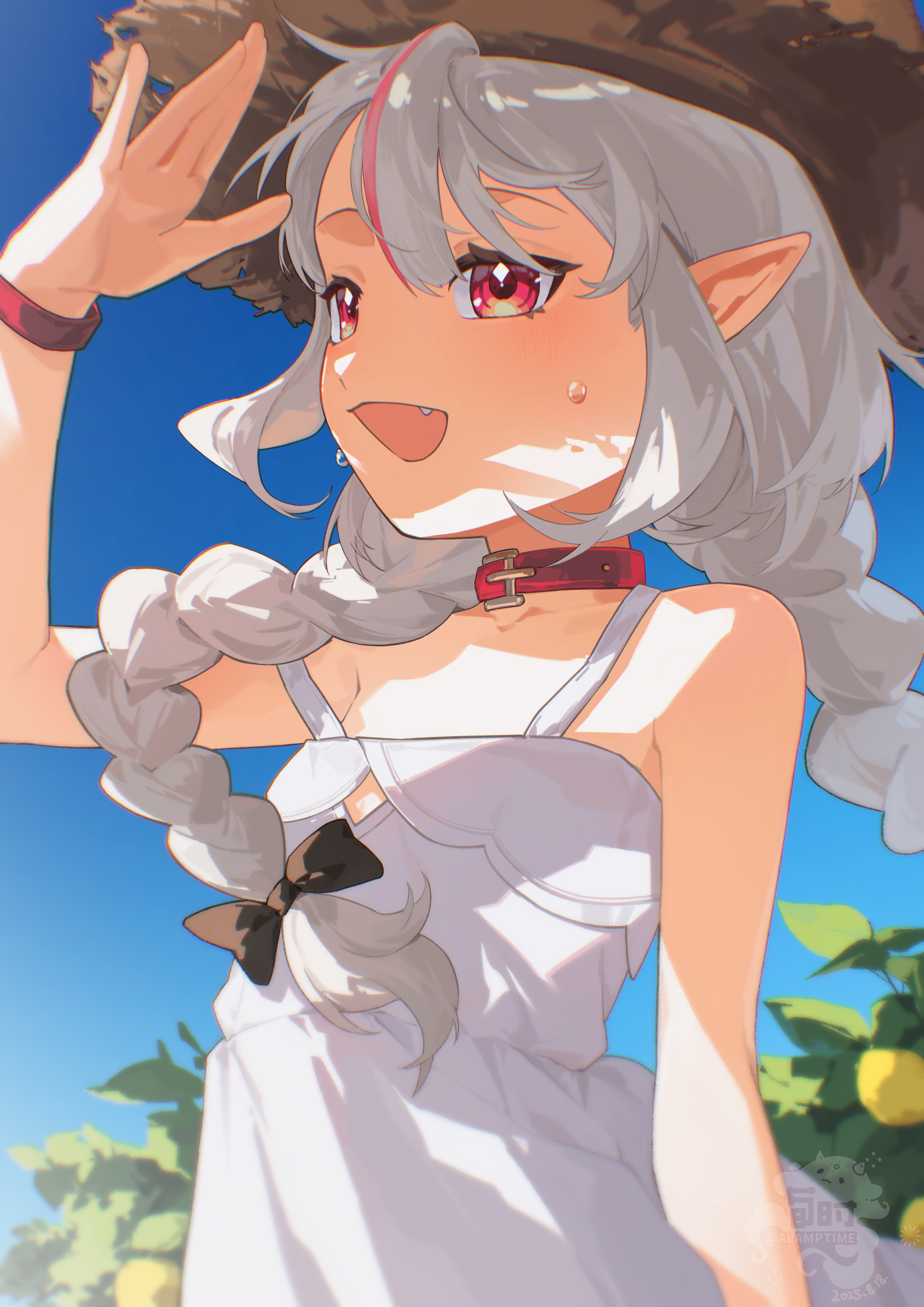 alamp, makaino ririmu, makaino ririmu (3rd costume), nijisanji, absurdres, highres, 1girl, arm up, bare shoulders, belt collar, black ribbon, blush, bracelet, braid, bush, choker, collar, collarbone, dress, fang, floating hair, grey hair, hair ribbon, hat, jewelry, long hair, looking afar, low twin braids, multicolored hair, open mouth, pointy ears, red collar, red eyes, red hair, ribbon, shade, shading eyes, sidelocks, sky, sleeveless, sleeveless dress, smile, solo, standing, strap slip, straw hat, streaked hair, sundress, sweat, twin braids, upper body, virtual youtuber, watermark, white dress