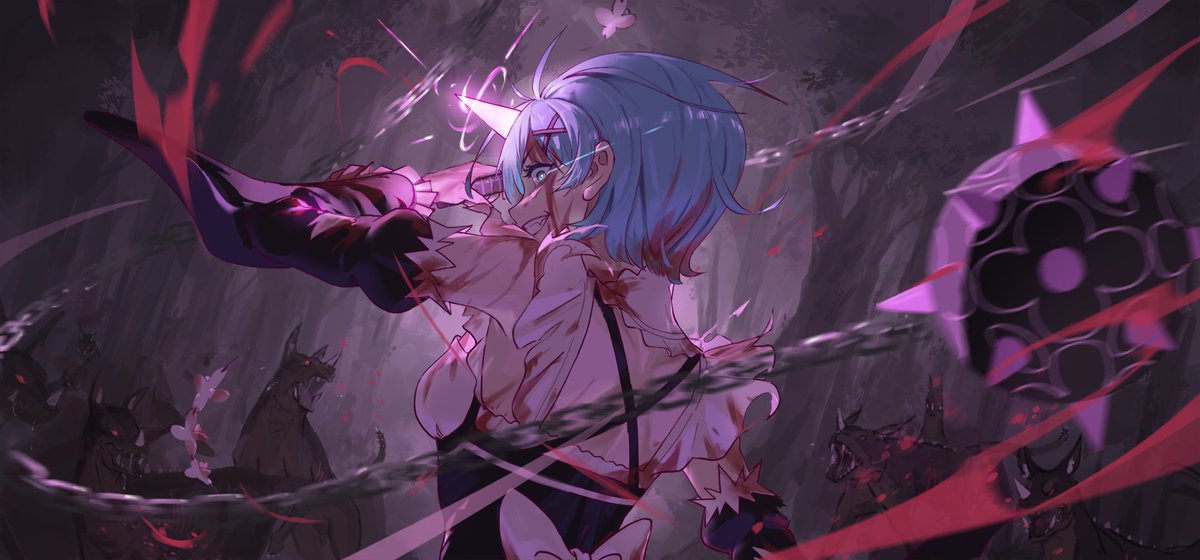 ro ka ro ka, rem (re:zero), re:zero kara hajimeru isekai seikatsu, 1girl, back, blood, blood on clothes, blood on face, blue eyes, blue hair, chain, evil smile, fang, flail, forest, horns, maid, monster, nature, short hair, single horn, smile, swing, weapon