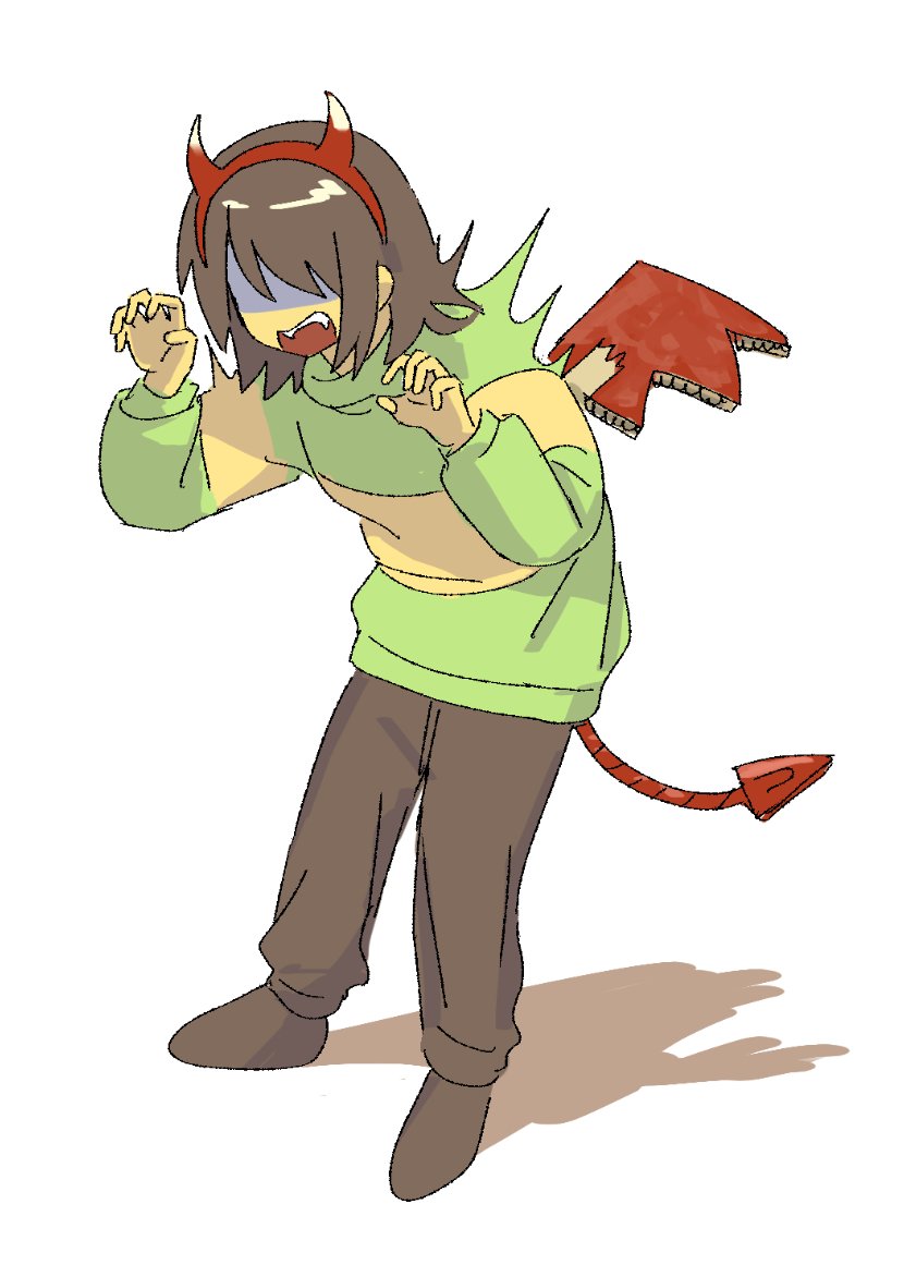 rasu (pixiv9799832), kris (deltarune), deltarune, utdr (toby fox), 1other, brown hair, brown pants, brown socks, cardboard tail, cardboard wings, claw pose, covered eyes, fake tail, fake wings, fangs, full body, green sweater, hairband, hands up, horn hairband, other focus, pants, red hairband, shaded face, short hair, simple background, socks, solo, standing, sweater, tail, white background, wings
