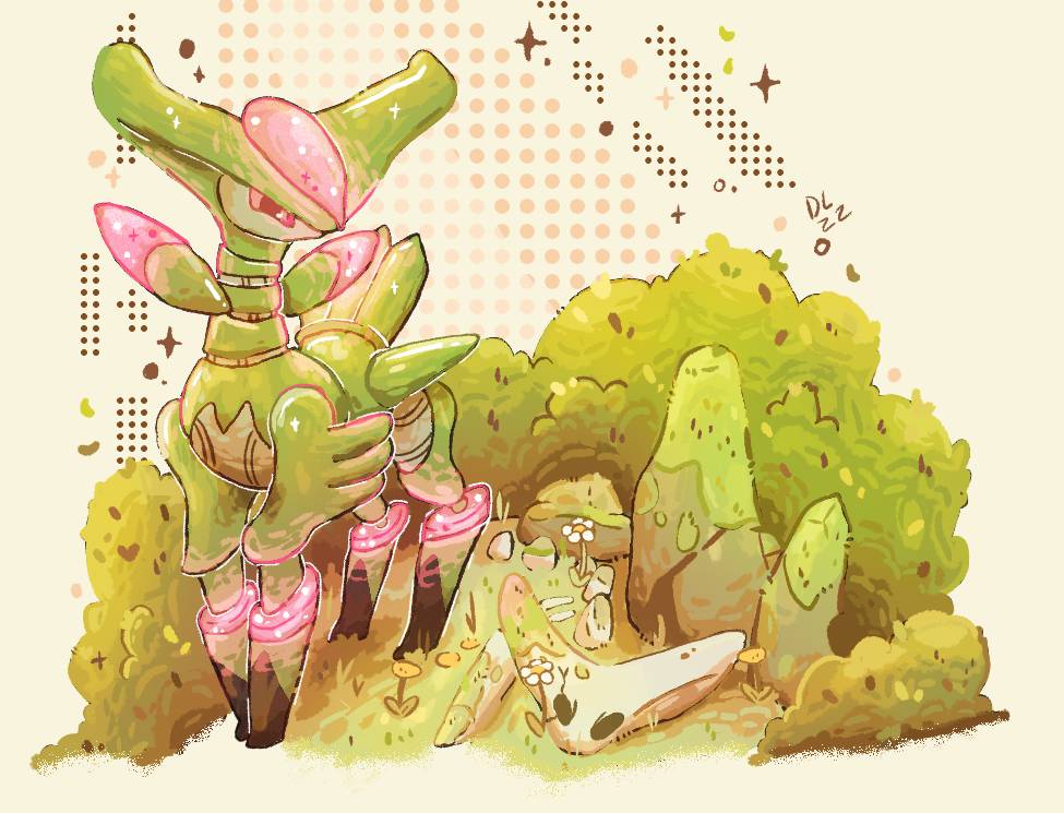 darkylights, iron leaves, virizion, nintendo, pokemon, commentary, animal skeleton, animal skull, black sclera, bone, bush, colored sclera, flower, gen 5 pokemon, grass, legendary pokemon, moss, non-humanoid robot, pink eyes, robot, robot animal, rock, skeleton, solo, white flower