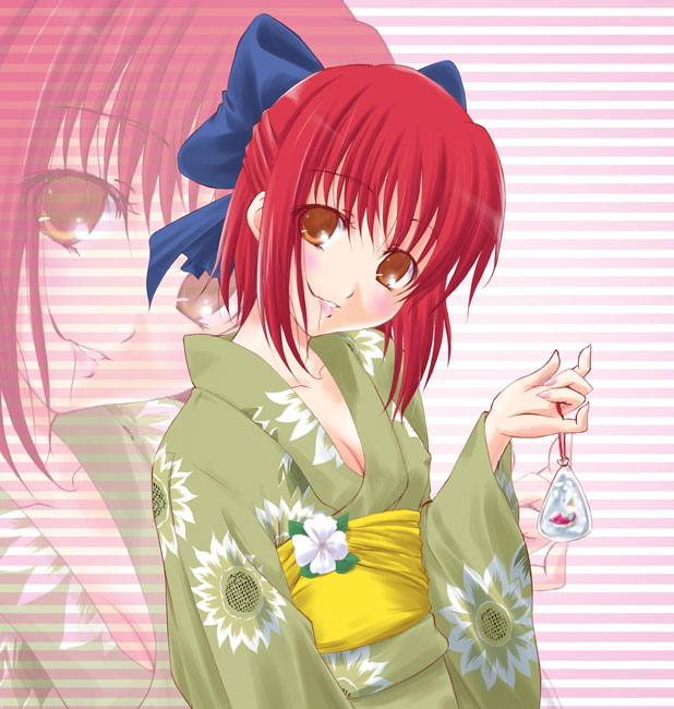 q-gaku, kohaku (tsukihime), tsukihime, striped, 00s, 1girl, bag, bagged fish, blush, bow, breasts, cleavage, female focus, fish, flat chest, flower, goldfish, green kimono, hair bow, hair in own mouth, half updo, head tilt, japanese clothes, kimono, nail polish, orange eyes, red hair, short hair, small breasts, smile, solo, yukata, zoom layer